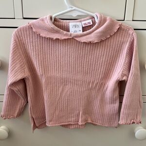 ZARA Baby Girl’s Pink Ribbed Long-Sleeve Top with Peter Pan Collar 💕